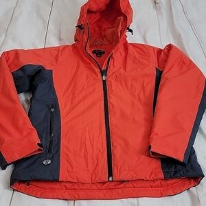 Lands End Ski Jacket Womens Small Orange Gray Hidden Hood Full Zip Quilted Liner